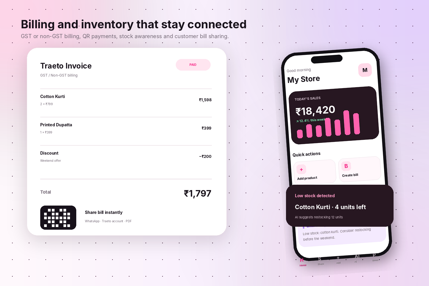 Traeto Partner GST and non-GST billing with inventory alerts