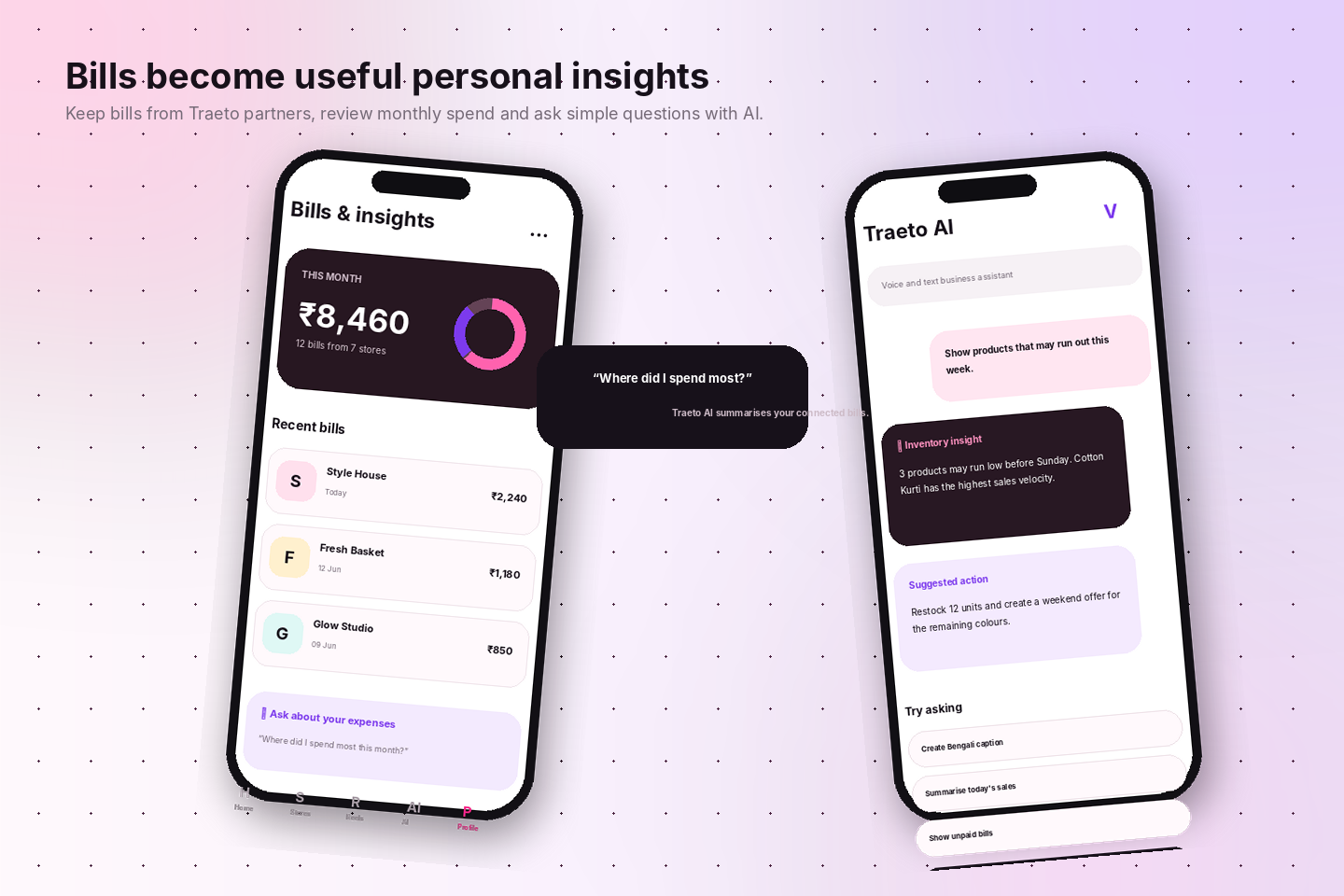 Traeto customer app showing connected bills, monthly spending and AI assistance
