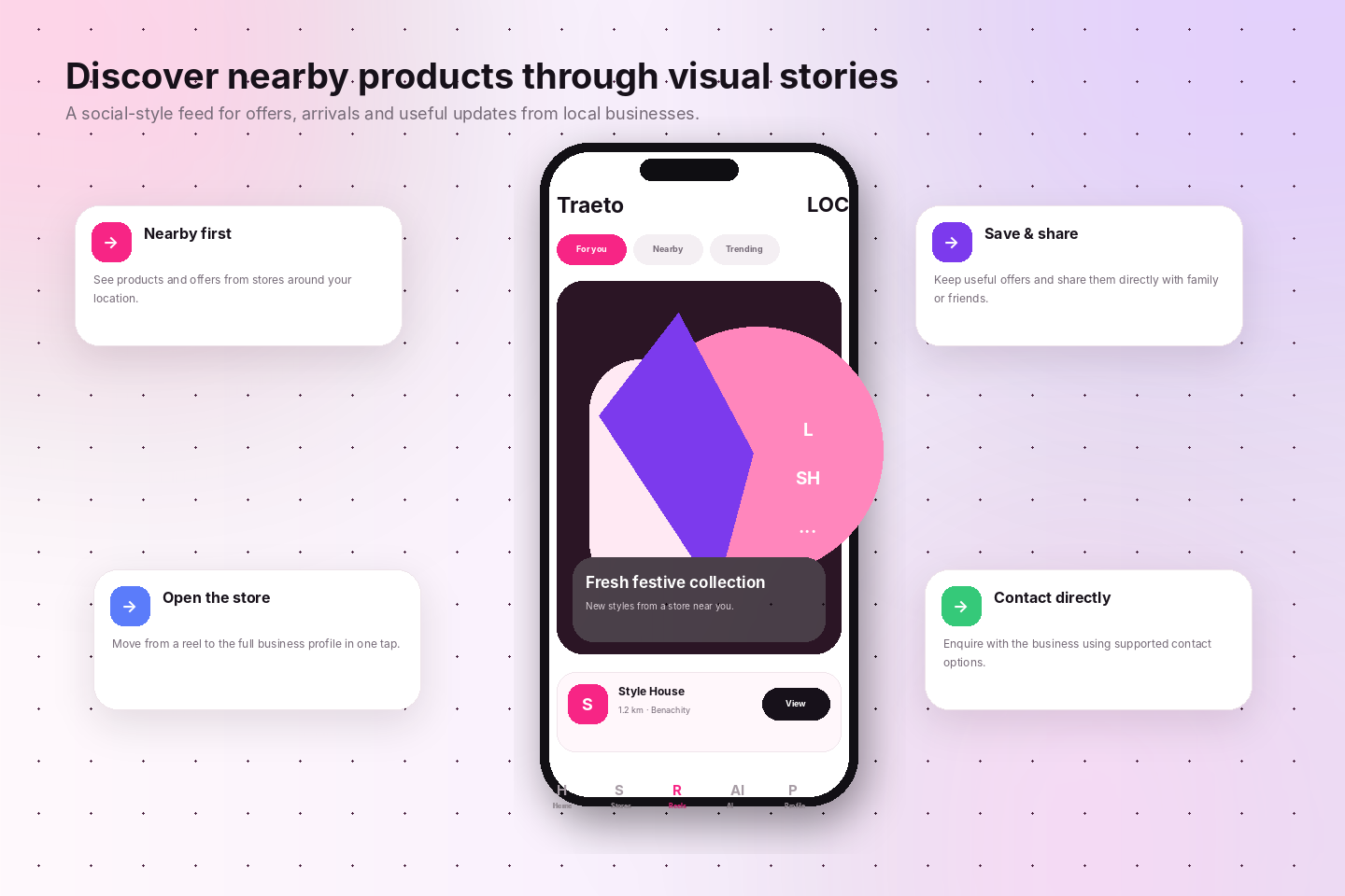 Traeto customer app showing a visual reel for a nearby store