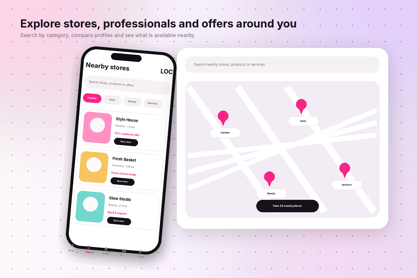 Traeto app showing nearby stores, category search and map discovery